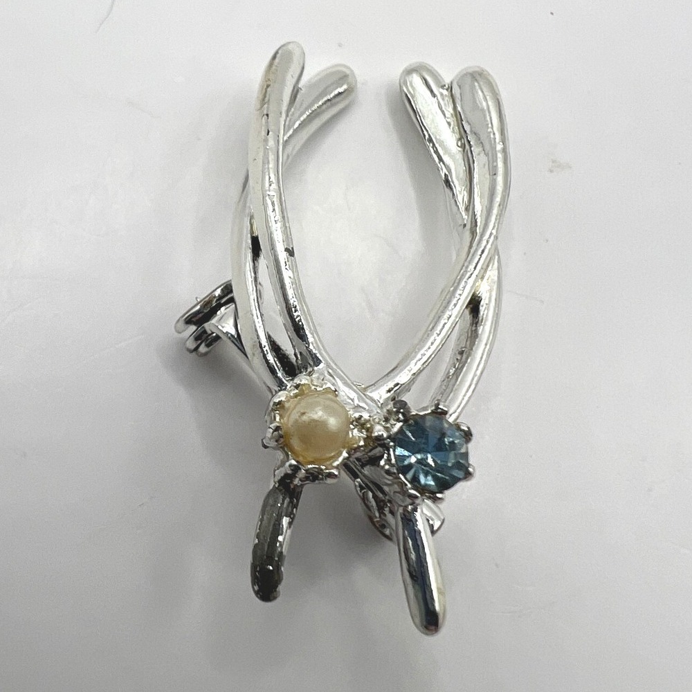 Vintage Double Wishbone Brooch Faux Pearl Blue Rhinestone Silver Tone‎ Pin